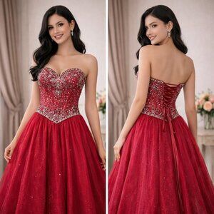 FIESTA GOWNS Red Sangria Strapless Gown with Embellished Bodice and Tulle Skirt